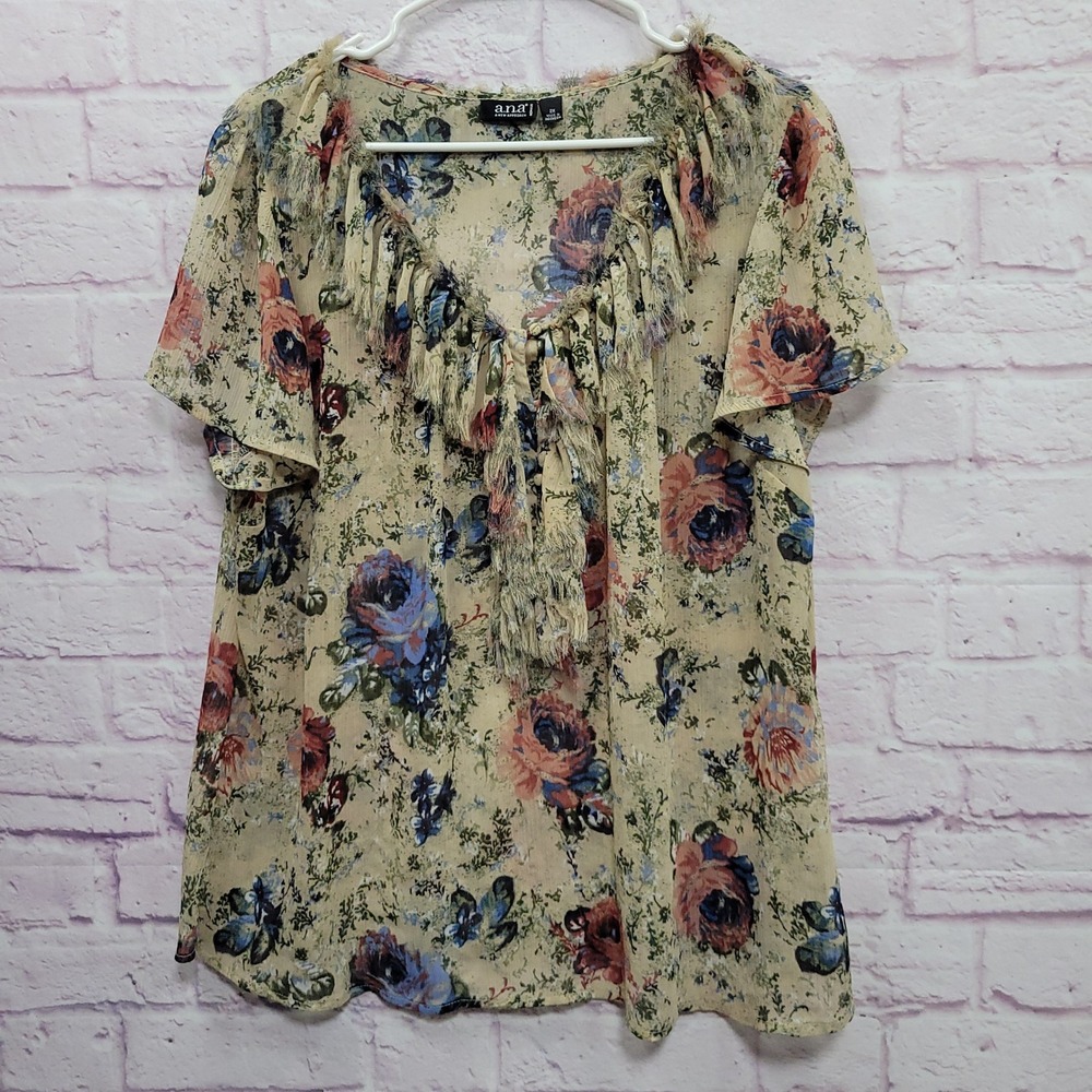 ANA A New Approach Boho Floral Sheer Blouse 2X Fringe VNeck Cottagecore Peasant
